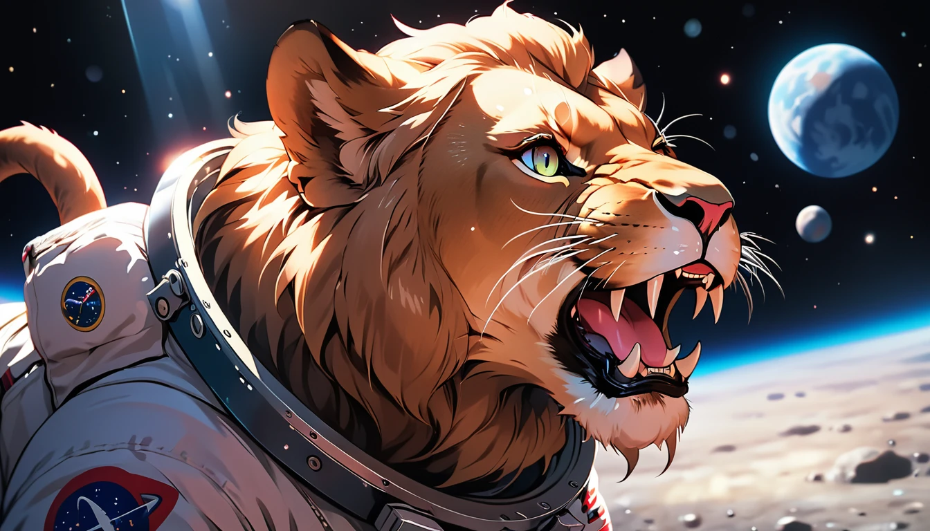 Arafed a picture of a anthomorph lion astronaut he stands on the moon (roaring: 1.3), open maw, mouth opened sense awe, sense of might, king of space, to space, an epic (anthomorph lion: 1.3), Ultra detailed head, open maw, best detailed head(wearing astronaut suit: 1.5), feline eyes, dynamic colors eyes, roaring as he stands on the moon roaring to space, the vastness of space above the king of space, many stars above him, vibrant, Ultra-high resolution, High Contrast, masterpiece:1.2, highest quality, Best aesthetics), best details, best quality, highres, ultra wide angle, 16k, [ultra detailed], masterpiece, best quality, (extremely detailed), Intense Gaze, Cinematic Hollywood Film, furry