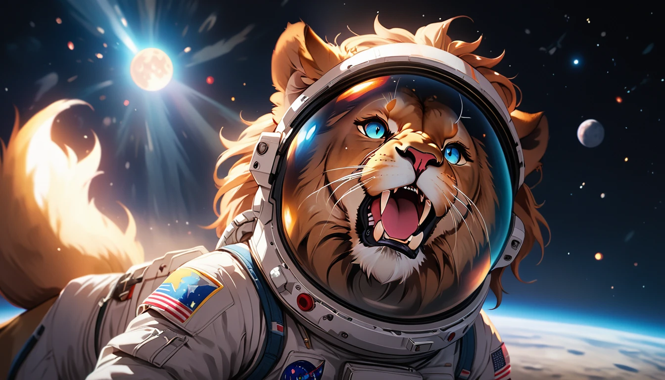 Arafed a picture of a anthomorph lion astronaut he stands on the moon (roaring: 1.3), open maw, mouth opened sense awe, sense of might, king of space, to space, an epic (anthomorph lion: 1.3), Ultra detailed head, open maw, best detailed head(wearing astronaut suit: 1.5), feline eyes, dynamic colors eyes, roaring as he stands on the moon roaring to space, the vastness of space above the king of space, many stars above him, vibrant, Ultra-high resolution, High Contrast, masterpiece:1.2, highest quality, Best aesthetics), best details, best quality, highres, ultra wide angle, 16k, [ultra detailed], masterpiece, best quality, (extremely detailed), Intense Gaze, Cinematic Hollywood Film, furry