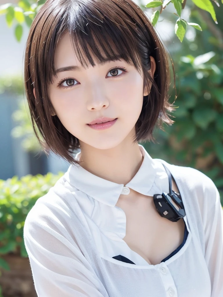 (Super beautiful girl:1.2), A neat and clean woman, masterpiece, Highest quality, Great Skin, Delicate face, A cool smile、Age 25, Clean look, Twinkle Eyes, double eyelid, small, Ample breasts、Cleavage ((High resolution)), ((Highly detailed CG Unity 8k wallpaper)), short hair, bangs, Bob,Long sleeve blouse,Bust up shot,Undo the top button,Face Focus,Natural light,Backlight,(A bright light shines from above),(Lens flare),Professional Writing,(Low position),(Low Angle) , sentimental、