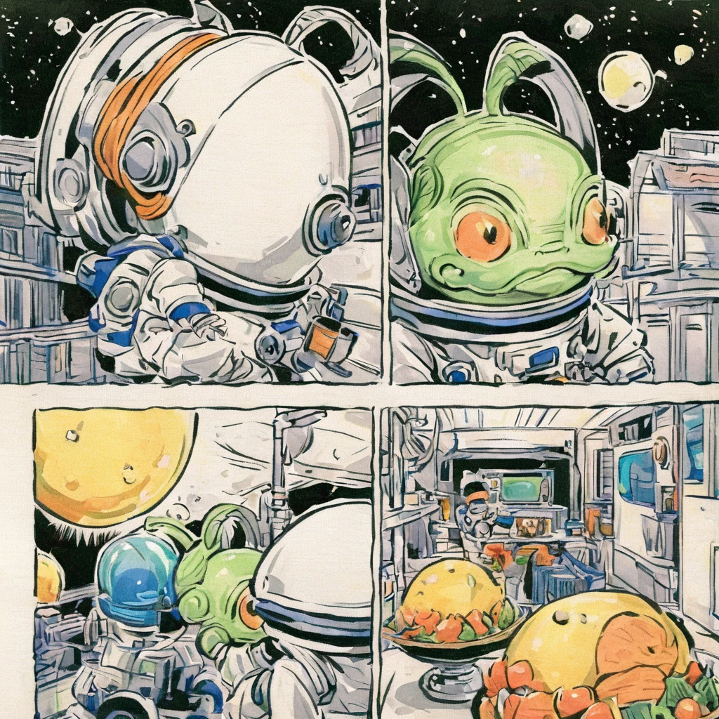 Astronauts meet aliens、Bad and cute art、vintage comic book