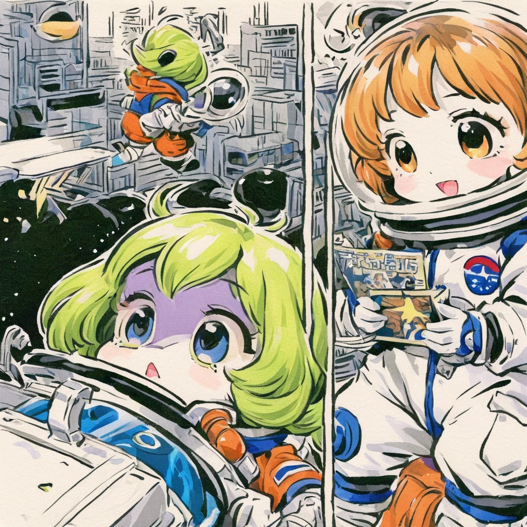 Astronauts meet aliens、Bad and cute art、vintage comic book