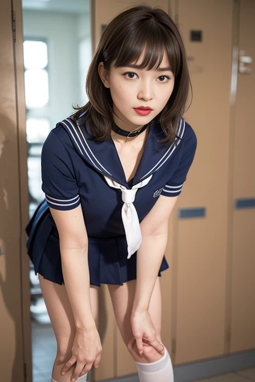(((Perfect Anatomy、Anatomically correct、Ultra-dense skin)))、Shiny skin、Watching the viewer、((Back view、From below))、Beautiful Hair、Beautiful Face、Fine and beautiful eyes、(blue eyes、Baby Face、Mole under the eye、Beautiful clavicle、Beautiful body、Beautiful breasts、Camel Toe、((Short sleeve、Cute sailor uniforms, all in navy blue、Dark navy pleated skirt、Navy blue sailor color、Sailor scarf、socks、Brown Loafers))、誘惑的なThighs、(Red Slave Collar)、((Embarrassing、was scary、sad、Half mouth))、standing、(((Leaning forward)、take off your clothes、Raise one leg、Pulling on white panties))、(Beautiful Landscape)、summer、School、locker room、8K、Highest quality、masterpiece:1.2、Very detailed)、(Real)、Beautiful illustrations、Natural light、whole body、Red lipstick、Thighs、Long legs、Long legs、