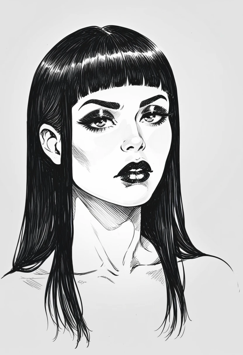 score_9, score_8_up, score_7_up, score_6_up, sp1t, detailed hatching, monochrome, pale, smooth skin,, long straight black hair, blunt bangs, full lips, slender physique, goth fashion, black lips, scowl, centered
