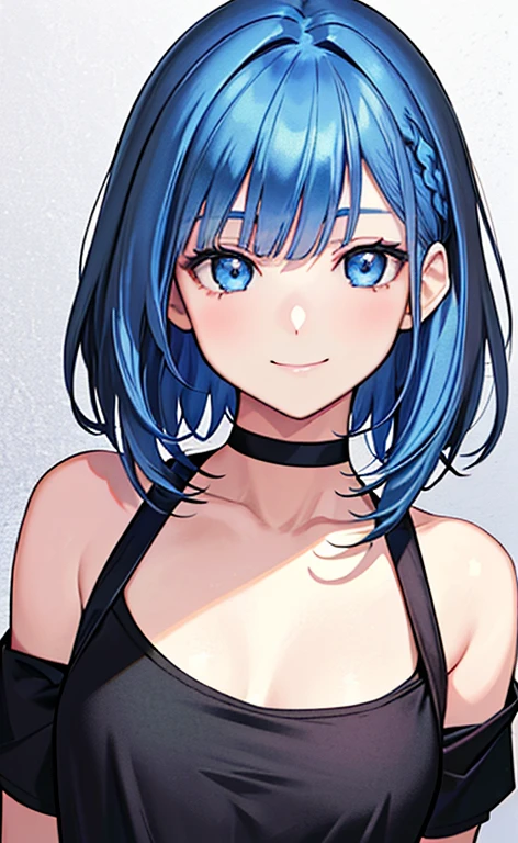 (masterpiece:1.5、Photorealistic:1.4,anime coloring:1.4、high resolution:1.4)、,(spot light:1.2、Exquisite beautiful eye:1.5,)、(stand:1.5)、()、(upper body:1.5)、
(kind eyes、tareme:1.4),()、(Cute Face)、(blue hair:1.5)、(middle hair:1.5),(sidelock :1.6),(blunt bangs:1.3),(1 girl)、(blue eyes:1.2)、(light smile:1.5),(Face up:1.5)、(solo)、() ,(),(small breasts),(),(Shoulderless neck holderblack t-shirt:1.5),()、()、()、Slim Body(),Shiny Hair、