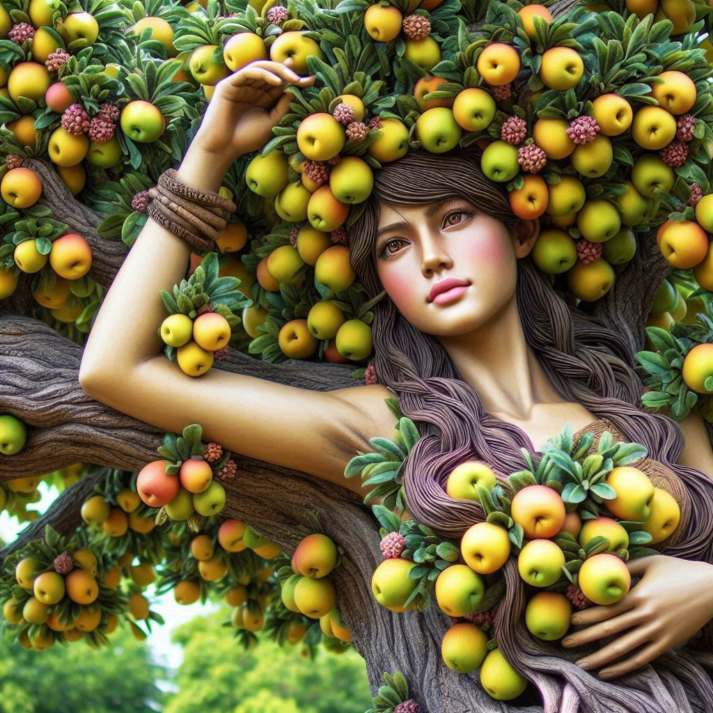 Create an artwork featuring a nude woman embodying the essence of a goddess of abundance and fertility. She is seated gracefully with her knees drawn up, cradling a basket overflowing with various fruits such as grapes, figs, and pomegranates. Her hair is adorned with a crown of flowers and leaves.
1girl, Solo, Breasts, Blush, Large breasts, Parted Lips, Nose Blush, Happy, Light Smile, High Resolution, Masterpiece, Accurate, Anatomically Correct, Best Quality, Detail, HD,