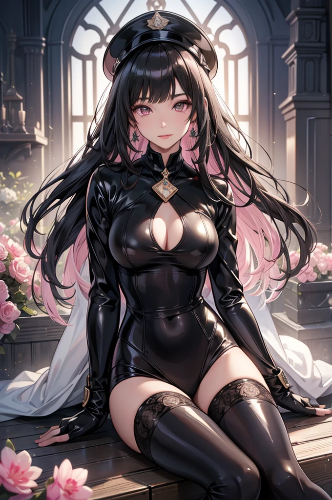 (Highest quality:1.2, artwork, Very detailed, expensiveディテール, digital coloring, High Contrast, masterpiece:1.2, Highest quality, Best aesthetics), 8K,masterpiece, cute,expensive,beautiful,Highest quality, 1 Female,Black Hair,Long Hair,Hollow Eyes, (finely detailed empty pupils and Detailed face),,,,Very detailedな CG ユニティ 8K 壁紙,alone,(Latex military costume:0.9),Large Breasts,Captivating smile,military hat,latex thigh high,Large Breasts,Black Hair,Pink Eyes,Pink leotard,pantyhose,Military coat,Patent leather suit,Glossy lips,Sitting,Bust Shot,Sadistic smile,,all,Shiny skin,Military coat,Detailed face,beautiful body,whole body,Adult,whole body油まみれで光沢感がある　whole bodyから湯気が出ている　Steam like a sauna room fills the entire screen.　White breath from the mouth