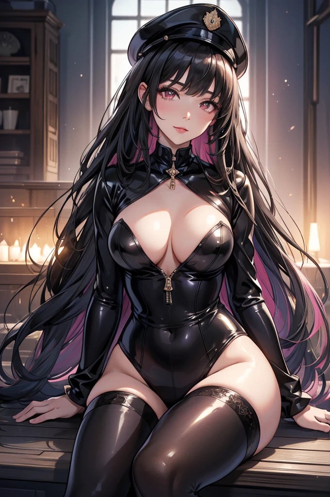 (Highest quality:1.2, artwork, Very detailed, expensiveディテール, digital coloring, High Contrast, masterpiece:1.2, Highest quality, Best aesthetics), 8K,masterpiece, cute,expensive,beautiful,Highest quality, 1 Female,Black Hair,Long Hair,Hollow Eyes, (finely detailed empty pupils and Detailed face),,,,Very detailedな CG ユニティ 8K 壁紙,alone,(Latex military costume:0.9),Large Breasts,Captivating smile,military hat,latex thigh high,Large Breasts,Black Hair,Pink Eyes,Pink leotard,pantyhose,Military coat,Patent leather suit,Glossy lips,Sitting,Bust Shot,Sadistic smile,,all,Shiny skin,Military coat,Detailed face,beautiful body,whole body,Adult,whole body油まみれで光沢感がある　whole bodyから湯気が出ている　Steam like a sauna room fills the entire screen.　White breath from the mouth