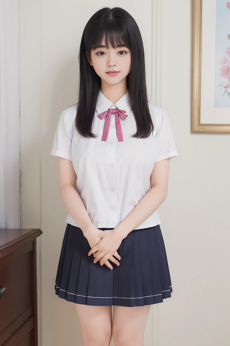 (masterpiece, expensiveest quality:1.2), 8K, Official Art, RAW Photos,(((Close your eyes and watch the peak of pleasure))))、( expensive 、Pleated skirt:1.4), A stunningly beautiful 16-year-old girl, (Pleated skirt:1.1), close, , Short sleeve, No makeup,Bright bedroom、 Detailed eyes and face、long bob hair with bangs、(((Detailed and beautiful female genitalia)))、(((White skin)))、(((both hands)))、(((Two arms)))、Bright bedroom、super slim ,((((手とTwo arms)))),(Very young and big boobs:1.2)