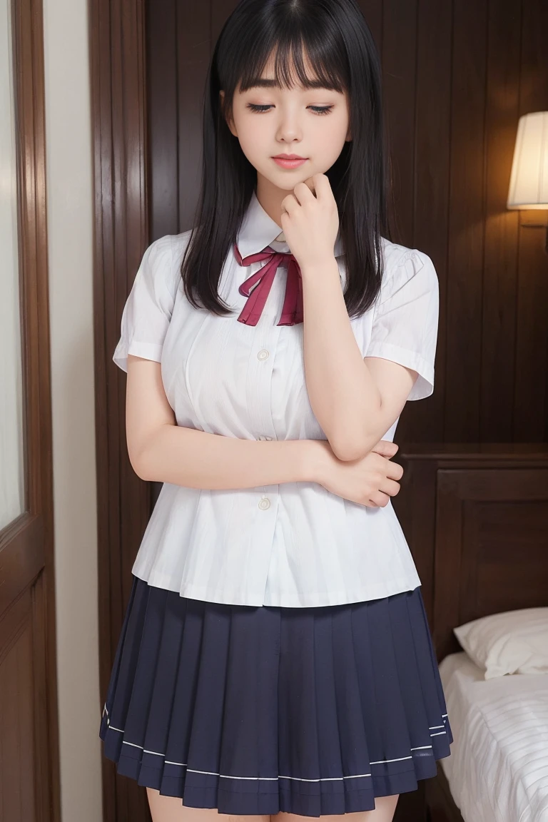 (masterpiece, expensiveest quality:1.2), 8K, Official Art, RAW Photos,(((Close your eyes and watch the peak of pleasure))))、( expensive 、Pleated skirt:1.4), A stunningly beautiful ****************, (Pleated skirt:1.1), close, , Short sleeve, No makeup,Bright bedroom、 Detailed eyes and face、long bob hair with bangs、(((Detailed and beautiful female genitalia)))、(((White skin)))、(((both hands)))、(((Two arms)))、Bright bedroom、super slim ,((((手とTwo arms)))),(Very young and big boobs:1.2)