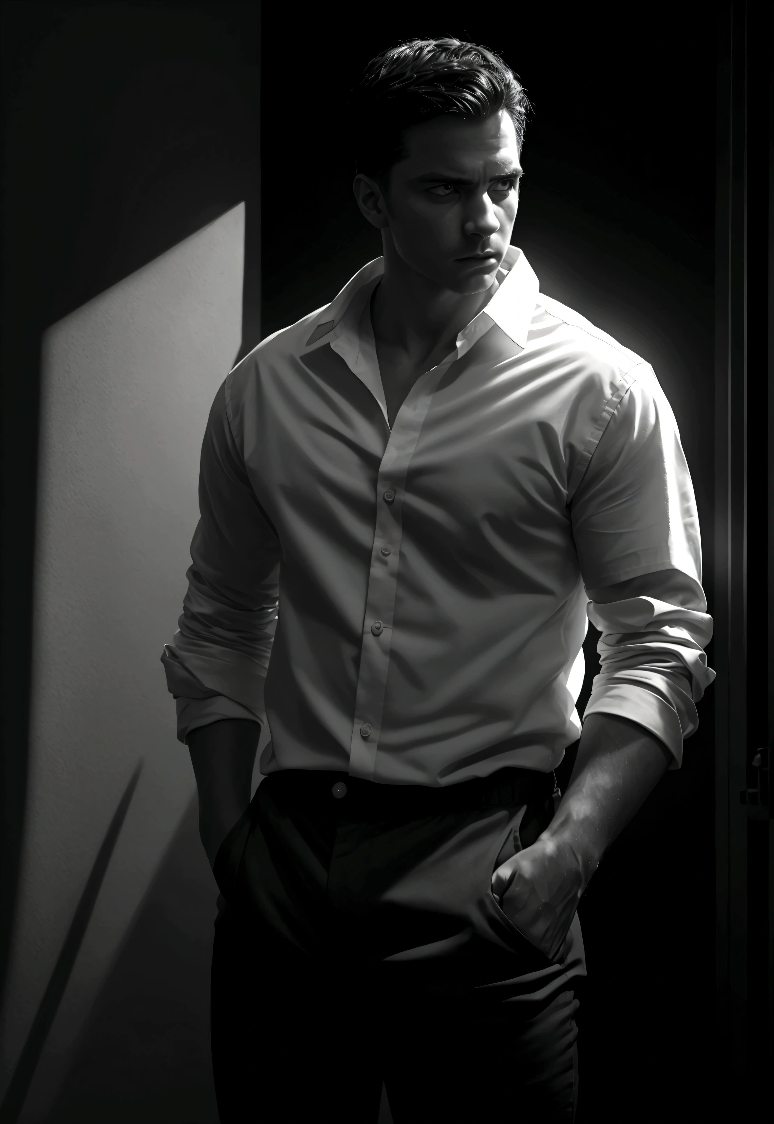 a man wearing a white shirt and black pants, detailed face and eyes, chiaroscuro lighting, moody atmosphere, cinematic lighting, dramatic shadows, high contrast, photorealistic, 8k, best quality, cinematic composition, dramatic lighting, masterpiece, intricate details
