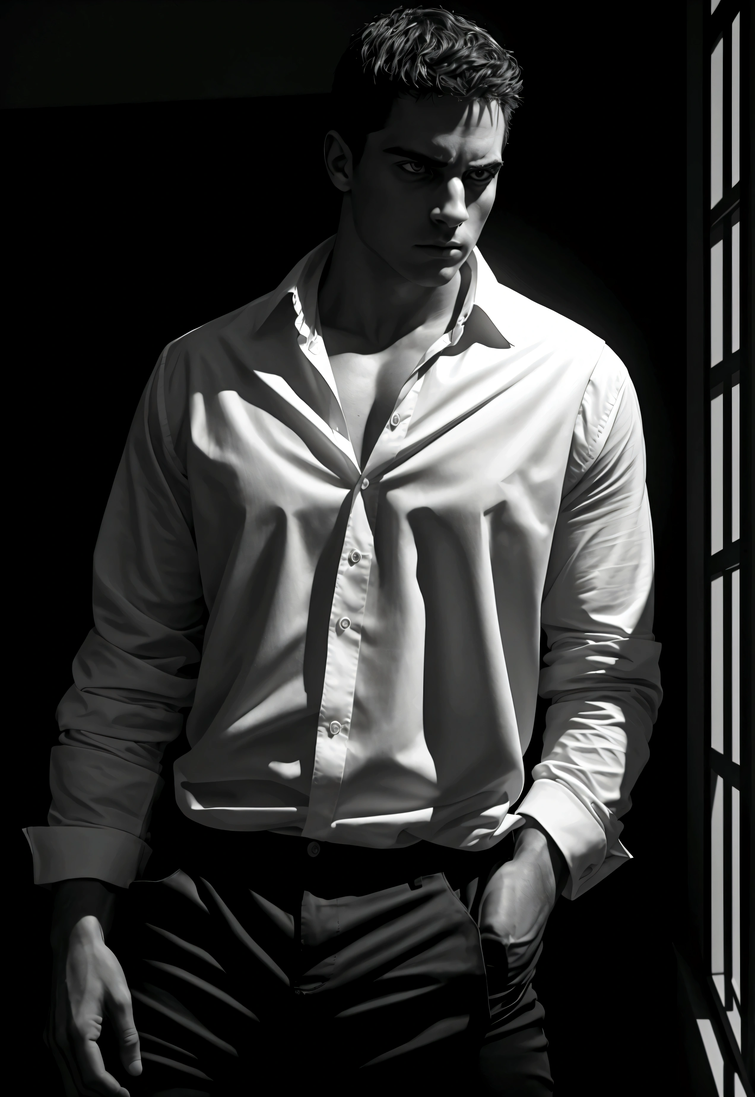 a man wearing a white shirt and black pants, detailed face and eyes, chiaroscuro lighting, moody atmosphere, cinematic lighting, dramatic shadows, high contrast, photorealistic, 8k, best quality, cinematic composition, dramatic lighting, masterpiece, intricate details