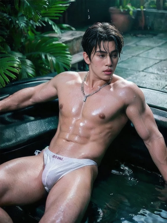 a man in a bikini is sitting on the roof of an old car Vox Wagon van, water dripping off him, topless, handsome face with detailed facial features, he is closing his eyes and tightly shut his lips, rubbing his hair by his left hand, his right hand is holding the bucket and pouring water over his body, masucline chubby stocky body, correct accurate male anatomy and correct number and arrangement of fingers and toes, shiny wet erotic looking muscles and skin, flawless white skin, wearing transparent green tight thong highlighting his big bulge, opening and spreading his thighs, thicc thick thighs, big super pecs, big erect pink nipples, big biceps, wide shoulders, showing his belly button, wearing nothing, shirtless, splashing of water from the bucket, soap foam are dripping down on his body, beautiful coconut tress and stormy dark black sky background, Andrew Christian manual car wash style, water drops and spray environment, professional DSLR shoot and retouching details, sharpness, shadow, highlight, depth of field, beauty ratio golden ratio, masterpiece, high quality detailed fine resolution illustration art, professional lighting flash photo