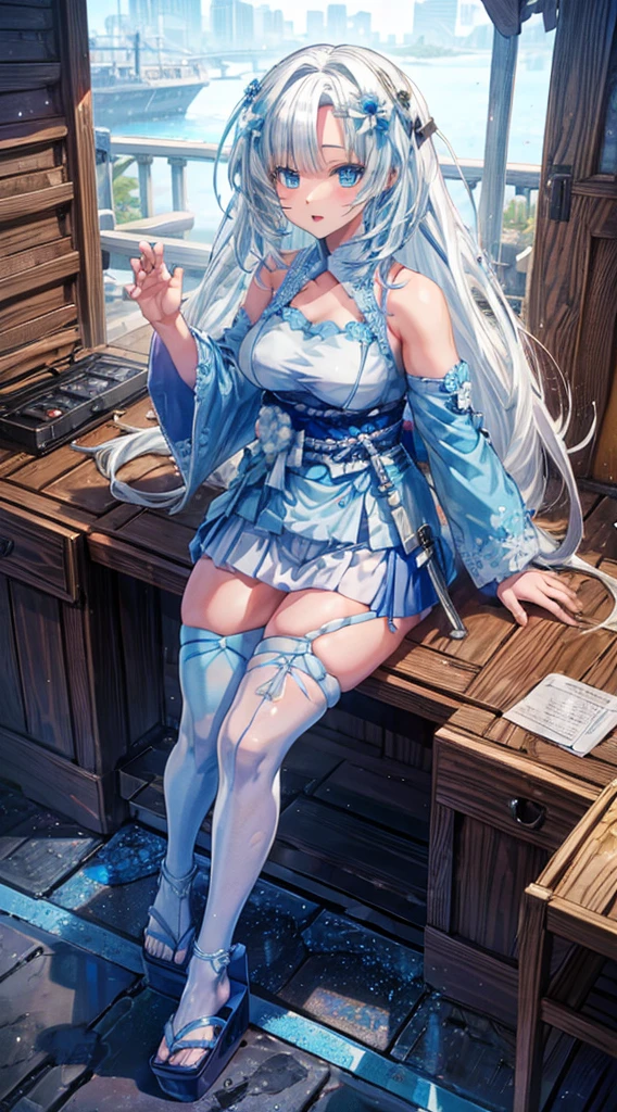 hiteCUL,sky hair,blue eyes,hair ornament,white dress,miniskirt,sleeveless,detached sleeves,obi,thigh strap,blue thighhighs,geta,