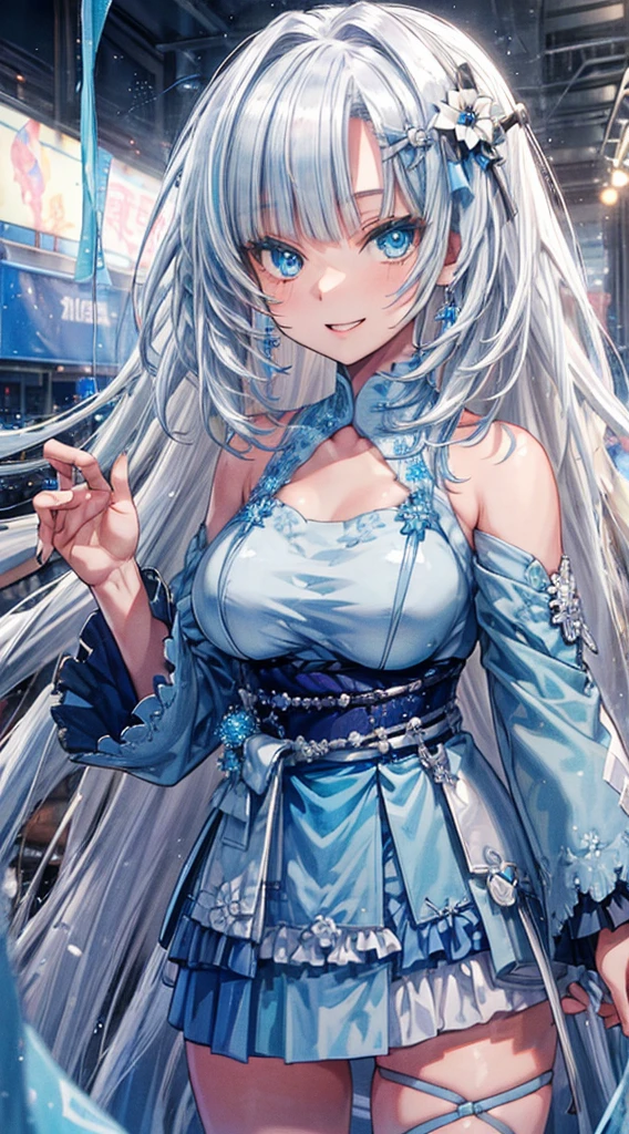 (Highest quality,High resolution:1.2),Portrait of,Gray Hair,Long Hair,Dazzling Blue Eyes,Attractive girl,18-year-old,Big Chest,Soft bangs,White and blue tones,Bright smile