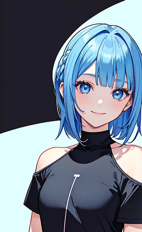 (masterpiece:1.5、Photorealistic:1.4,anime coloring:1.4、high resolution:1.4)、,(spot light:1.2、Exquisite beautiful eye:1.5,)、(stand:1.5)、()、(upper body:1.5)、
(kind eyes、tareme:1.4),()、(Cute Face)、(blue hair:1.5)、(middle hair:1.5),(sidelock :1.6),(blunt bangs:1.3),(1 girl)、(blue eyes:1.2)、(light smile:1.5),(Face up:1.5)、(solo)、() ,(),(small breasts),(),(neck holderneck holderblack t-shirt:1.5),()、()、()、Slim Body(),Shiny Hair、