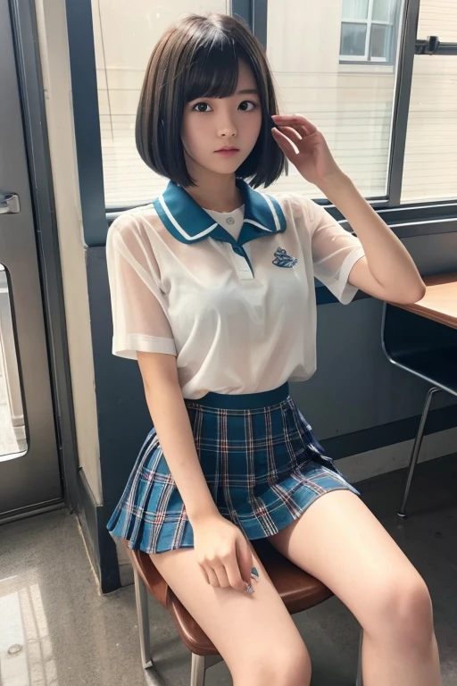 Japanese、high school student、18-year-old、Medium build、Beauty、Facing forward、Correct left and right eyes、He is wearing a long navy blue short-sleeved polo shirt、She is wearing a grey tight long skirt、Sitting in a chair、Hands behind back、((Her white underwear is visible between her skirt and legs.))、(Wearing white panties)、She is facing the camera with both knees together.、Anatomically correct body、, black hair, hair over shoulder, straight hair, expressive hair, shiny hair, asymmetrical bangs, seductive smile, Surrealism, Verism, cinematic lighting, reflection light, first-person view, Nikon, f/1.2, UHD, masterpiece, textured skin, high details, award winning, best quality, highres, 8k, super detail