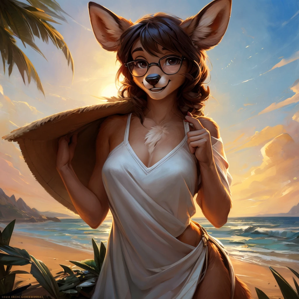 masterpiece, top quality, best quality, highly detailed, 8k, super high resolution, absurdres, perfect anatomy, solo focus, ((highly detailed beautiful face and eyes)), solo focus, (furry female anthro), (adult), (((furry brown doe body))), (doe snout, detailed brown body fur), bright green eyes, brown hair, ((shoulder-length hairstyle)), (happy, joyful), (hourglass figure, medium breasts), (looking at viewer, freckles on face), sitting, spread legs, presenting pussy, average height, ((nude)), ((tropical backdrop, ocean, ocean waves, beach)), lush greenery and plantlife, sunny sky