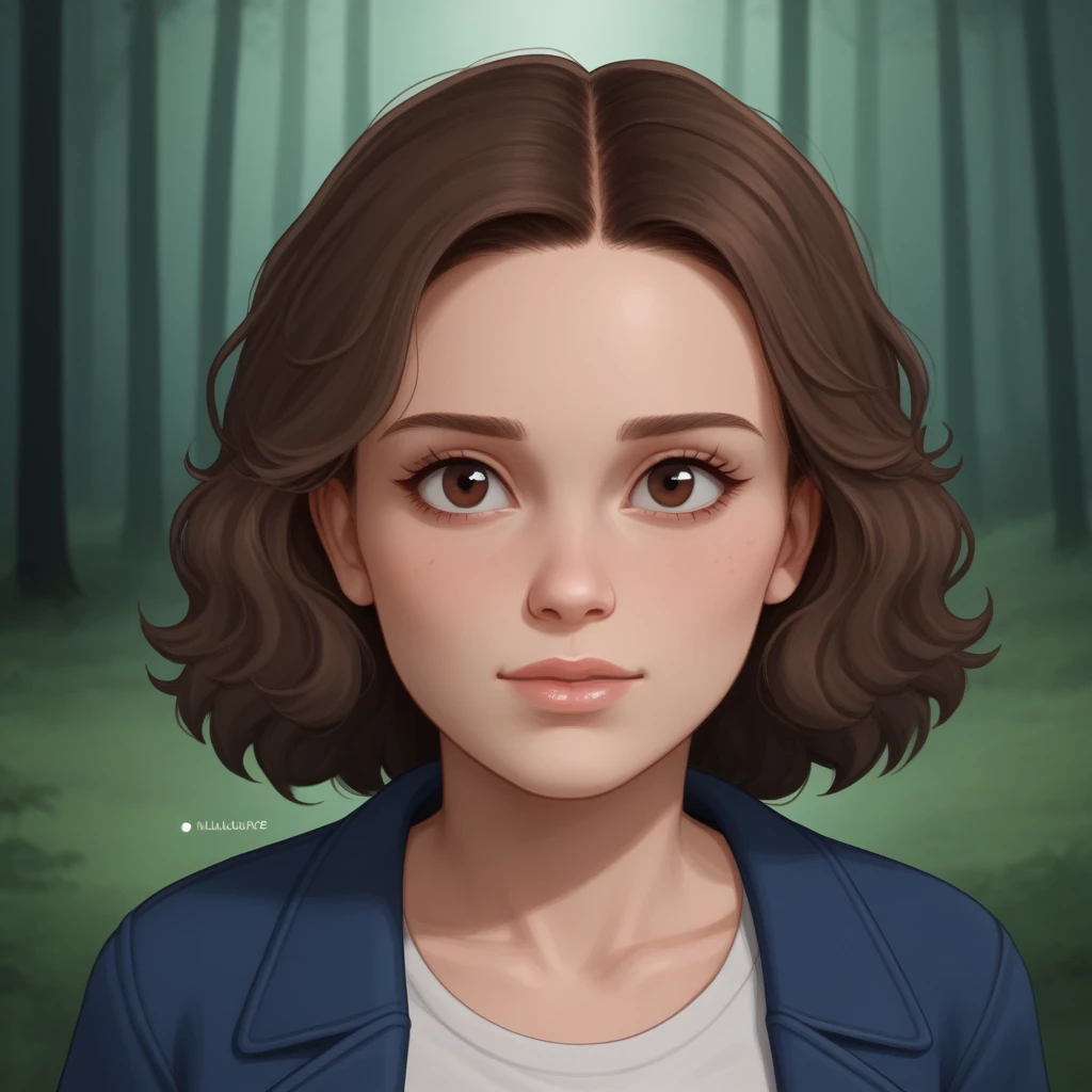 milli3 woman, millie bobby brown, eleven, stranger things, 1 girl in a dark forest front view