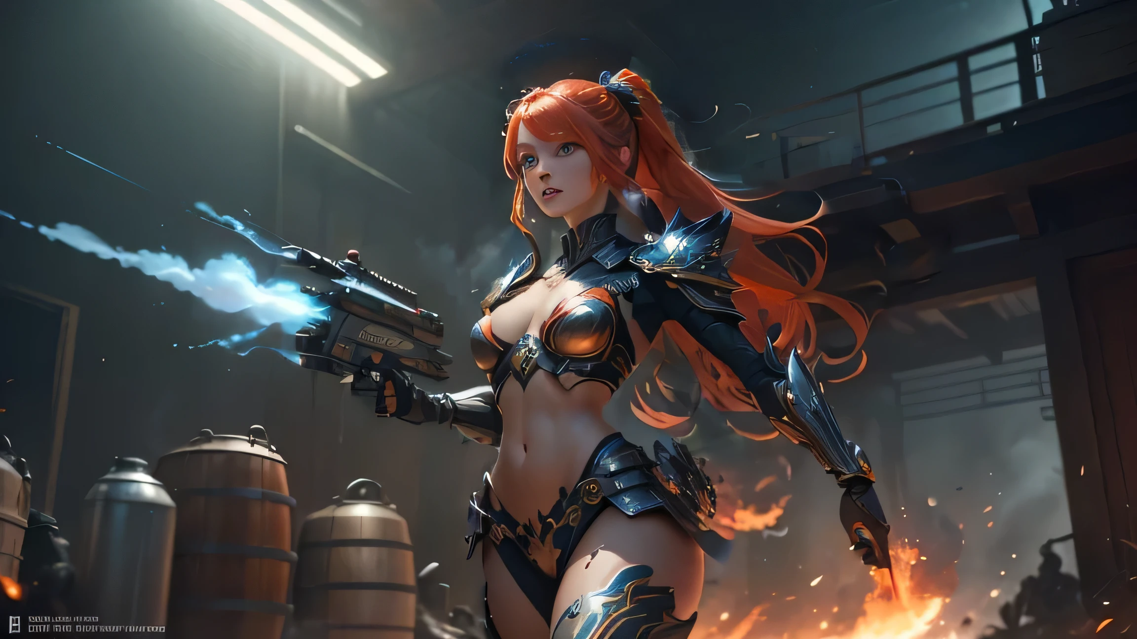 
1girl, solo, masterpiece, best quality, 8k, detailed skin texture, detailed polished metal textures, light reflections off of metal surfaces, highly-detailed eyes, extremely detailed face, intricately detailed auburn hair, ultra-detailed mecha exoskeleton, beautifully detailed body, insanely detailed background, bold colors, A stunningly beautiful, extremely fit girl, with a long braided ponytail, wearing full body mechanized body armor is firing two hand cannons. (((Streaks of bright red and orange are coming out of the barrels of both weapons))):1.5 (((along with fire and smoke from the bullets exiting the guns at high velocity))). (She has large bright blue eyes):1.4, (a button nose, perfectly shaped lips):1.2, and (immaculate, flawless, brilliant-white teeth):1.15, ((gritted in determination as she battles her enemies)). (She has a lean waist, an extremely toned midriff, slender thighs, slim calves, and flawless large breasts):1.42, (there are laser bolts and explosions all around her):1.4, and the scene is very (chaotic:1.3), (((detailed line work and delicate, flowing brushstrokes))), giving the art a dreamlike and ethereal quality, the art style is heavily influenced by (traditional Japanese art and calligraphy, as well as Art Nouveau and Surrealism, with intricate patterns, decorative details):1.2, (motifs from nature such as predators, lightning, and fire):1.3. (featuring vivid shades of red, blue, green, and purple, also using silver and gold metallic accents):1.4 (cinematic movie still, masterpiece, best quality, absurd resolution, 8k, Monte Carlo Ray Tracing:1.2, path traced subsurface scattering):1.4, (((HDR, UHD, volumetric lighting, Unreal Engine 5, Unity Engine, Blender, octane render))), (exquisite subject composition and use of lighting:1.4, exceptional, award-winning shading:1.4, sharp focus:1.35, top angle)
