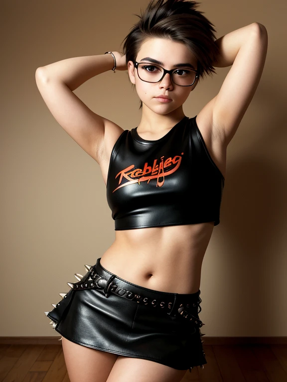 Best quality, Ultra high resolution, (Photorealistic:1.4), (masterpiece, Best quality:1.2),Full-length photo portrait of a young chubby Russian punk girl in glasses, 22 years old with aesthetic small breasts with beautiful erect nipples, corneal reflections, whole body, Detailed human skin texture, beautiful elastic body, aesthetic completeness, Beautiful face, mischievous expression on his face, one-sided grin, spiky tousled hair, very tousled shoulder length brown tousled hair (rebellious late 80s punk hairstyle), Brown eyes, ((glasses with lenses in black frames)), a little crazy look, sparkle in the eyes, ((short stature)), athletic build, leather small tight cropped miniskirt with laces along the hips (absolutely no panties because it&#39;s hot, pubic hair), leather rocker biker jacket, motorcycle gloves, biker boots-Cossacks, cropped black t-shirt with skull, soft bare belly, beautiful navel, beautiful hands, Graceful fingers, почти незаметная one-sided grin, smoldering cigarette, cigarette smoke,  80s punk rock clothing style, Free standing pose, Nevsky Prospekt St. Petersburg , ( 1980s Rocker Hairstyle)), Realistic photography, texture of photo paper, full length, (beautiful clear detailed face:1.2), Increased image sharpness, sharp image, high quality textures, high detail, realistic textures 