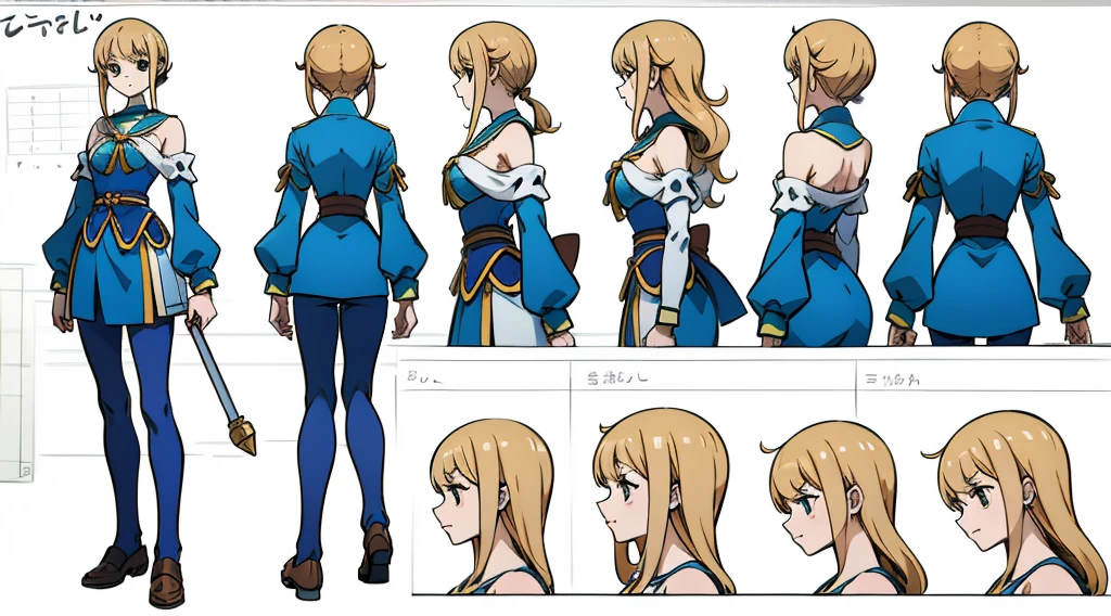 A fun and vibrant illustration of Zelda. [full body]. She is shown in multiple views, including front, side, and back, emphasizing his character base model