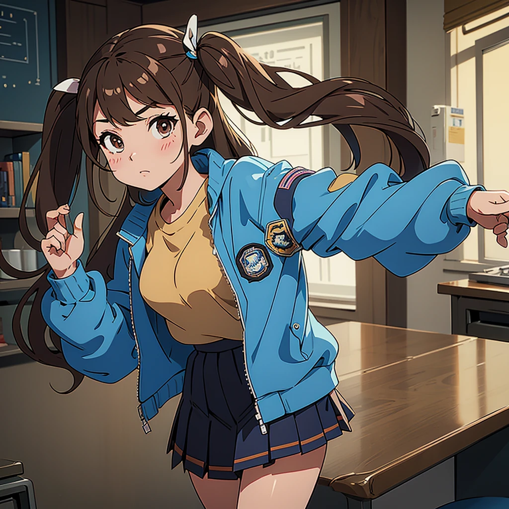 Brown hair twin tails、hairpin、Blue jacket and pleated skirt、whole body