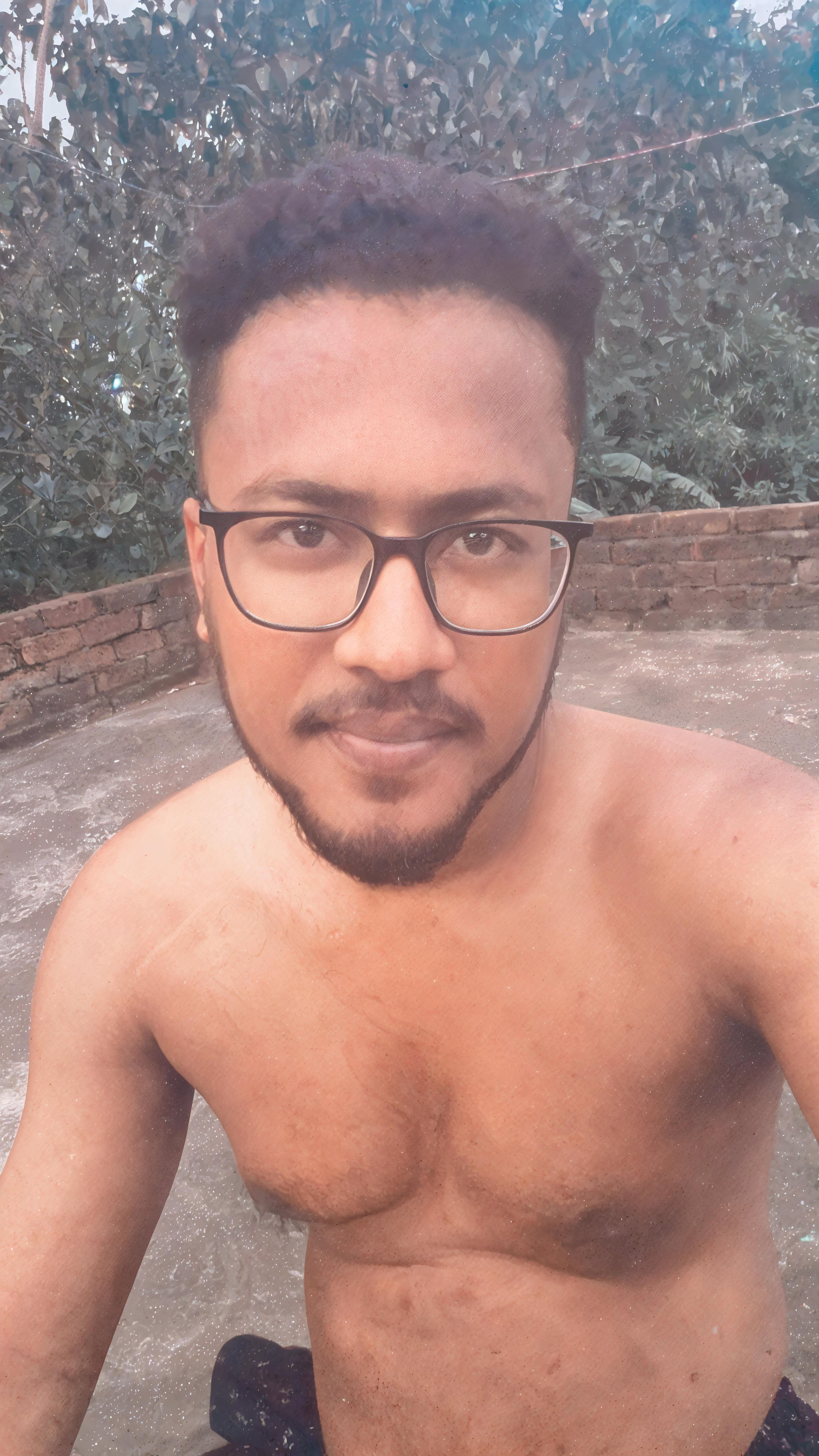 18 years old Desi mascular dark skin jaat with wetty body with sweat, sweat drops dripping from body huge wide muscular shoulders, wide chest, abs, masculine wide triceps, arms, biceps, big masculine legs, wide thighs, calfs, black-haired, hair falls on your face, Mesmerizing brown eyes, red thread in hand, red underwear, There is mud on the body, standing with cross hand and spread legs, in rice feild, sunlight, sunny day, from front view, His perfect( big huge penis) is (coming out) of his pant,masterpieces 