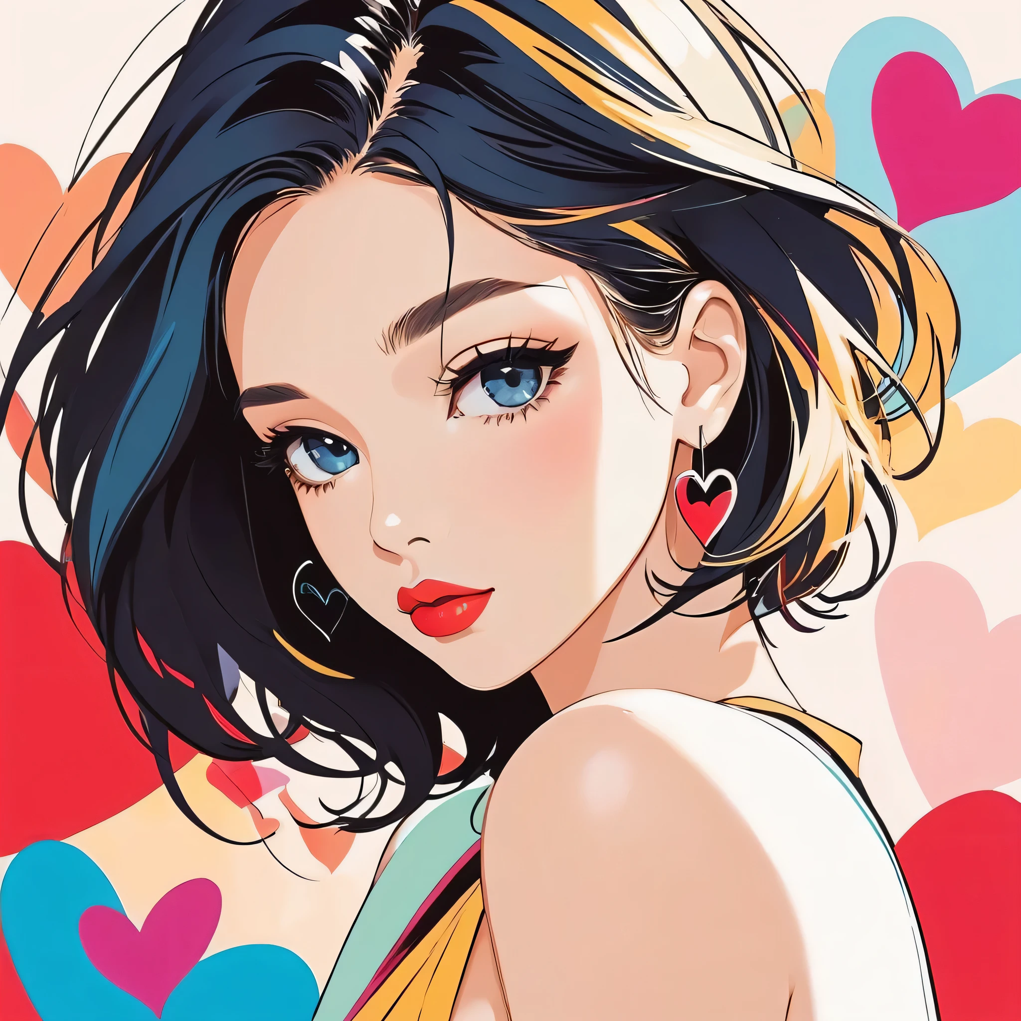 Mika Pikazo style, Simple Line Initialism,Abstract art,Urban Background, colorful hearts ,(((The most beautiful girl of all time))), Sweet face. Lips in love