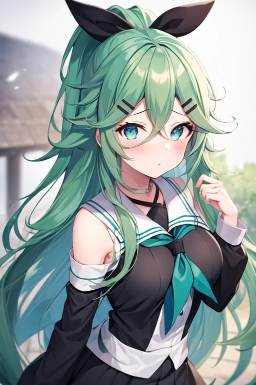 1girl, yamakaze_kantaicollection, green_hair, hair_between_eyes, long_hair, hair_ornament, hairclip, ribbon, hair_ribbon, ponytail, black_ribbon, blush, serafuku, green_eyes, blue_eyes, impasto, (masterpiece), high resolution, 8k, best quality