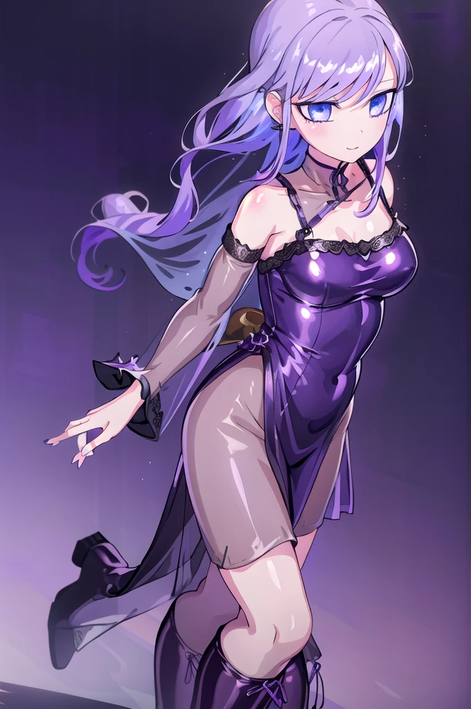 1girl,solo,(cowboy shot:1.2),(standard height:1.2),standing,(purple hair:1.6),(long hair:1.2),(blue eyes:1.4),(beautiful fingers:1.4),(perfect anatomy:1.6),(arms_behind_back:1.6),(cold_shoulder:1.2),BREAK,(purple china clothes:1.6),(silk lace glossy lamé:1.4),(latex luster shiny glossy:1.4),(shiny_clothes:1.4),medium breasts,beautiful breasts,masterpiece,best quality,(Ultra high definition eyes:1.2),8k,(Beautiful detailed eyes:1.2),(Fine and beautiful eyes:1.2),(pretty eyes:1.2),finely detail,extremely CG, absurdres,high resolution,illustration,Detailed and beautiful outlines,finely detail,high resolution,(colorful refraction:1.4,Increase saturation:1.2),beautiful lighting,dynamic lighting,closed room,black background,simple background, smile,looking at viewer,purple dress, long sleves, cleaveage,hood up,purple choker, purple nails, cross earrings,alice,(sheer sleeves:1.4),(see-through sleeves:1.4),(wide sleeves:1.2),(purple thigh boots:1.4)