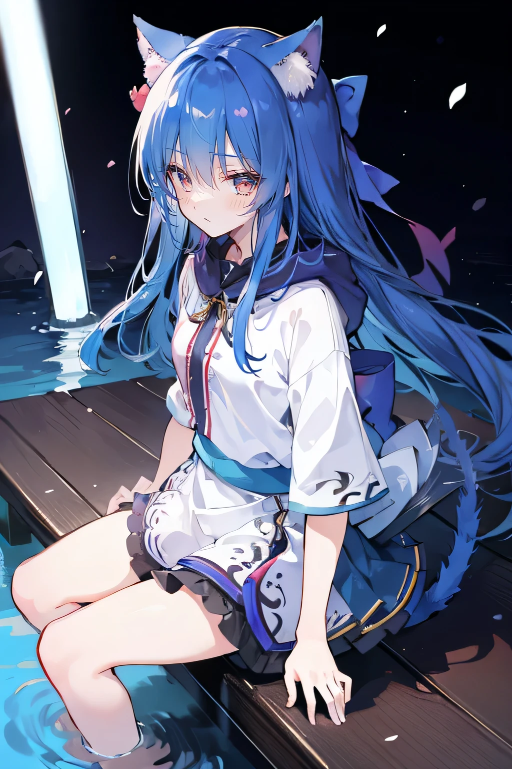 （masterpiece：1.2），Super detailed，lifelike，Expressive eyes，fair skin，perfect face shape，1 girl，
Japanese comics,Gorgeous blue hair,flowing blue hair,flowing clothes,Cat ears,Petals fall,beautiful lola,Baby Angel,
Shaking head with one hand，Cross your legs，Gentle and peaceful background，The pavilion is cool and comfortable,smile, wearing hoodie, background of tokyo,back views,snowing, winter,lie on the water，Lying on the ground。