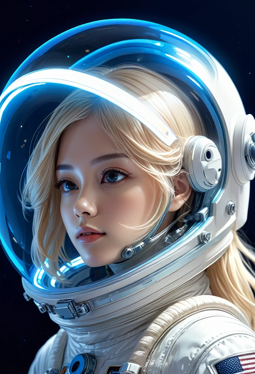  Perfect anatomy of a man wearing an astronaut suit、Close-up of pretty girl wearing transparent helmet astronaut beige hair delicate and beautiful intricate sci-fi digital art illustration edge blue light light and shadow effect movie scene masterpiece, The best quality meticulously carved extremely delicate art work ultra-precision art,Stunning digital art