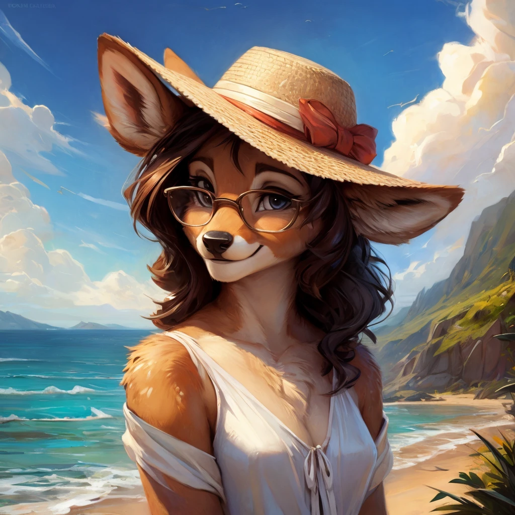 uploaded on e621, by Pixelsketcher, by Bayard Wu, by Thomas Benjamin Kennington , by Einshelm, by hioshiru and kenket, Chunie, portrait, solo anthro female deer doe, with small featureless breasts, clear dark blue, cinematic lighting, day, sunny day, beach, stays in the sea, sea background, mediterranean background, horizon background, shiny, short curly dark brown hair, wears big black nerd glasses, very very beautiful furry art, furry art, smiling, joyful, shiny, happy, feminine, cute face, muzzle, fluffy chest, flawless face, Fallow deer, 1girl, Sakimichan is beautiful, Masterpiece, Wavethesallow Face, shiny, Detailed image, portrait, Detailed image, portrait, full body, wearing wide, long, white blouse, wearing big and wide beige summer straw hat, shiny, realistic face, perfect anatomy, hourglass body, (furry body:1.1), anthropomorphic deer, looks at the viewer, small fluffy tail, detailed background, (cute anatomy:1.1), windy, smiling, very happy, happy
