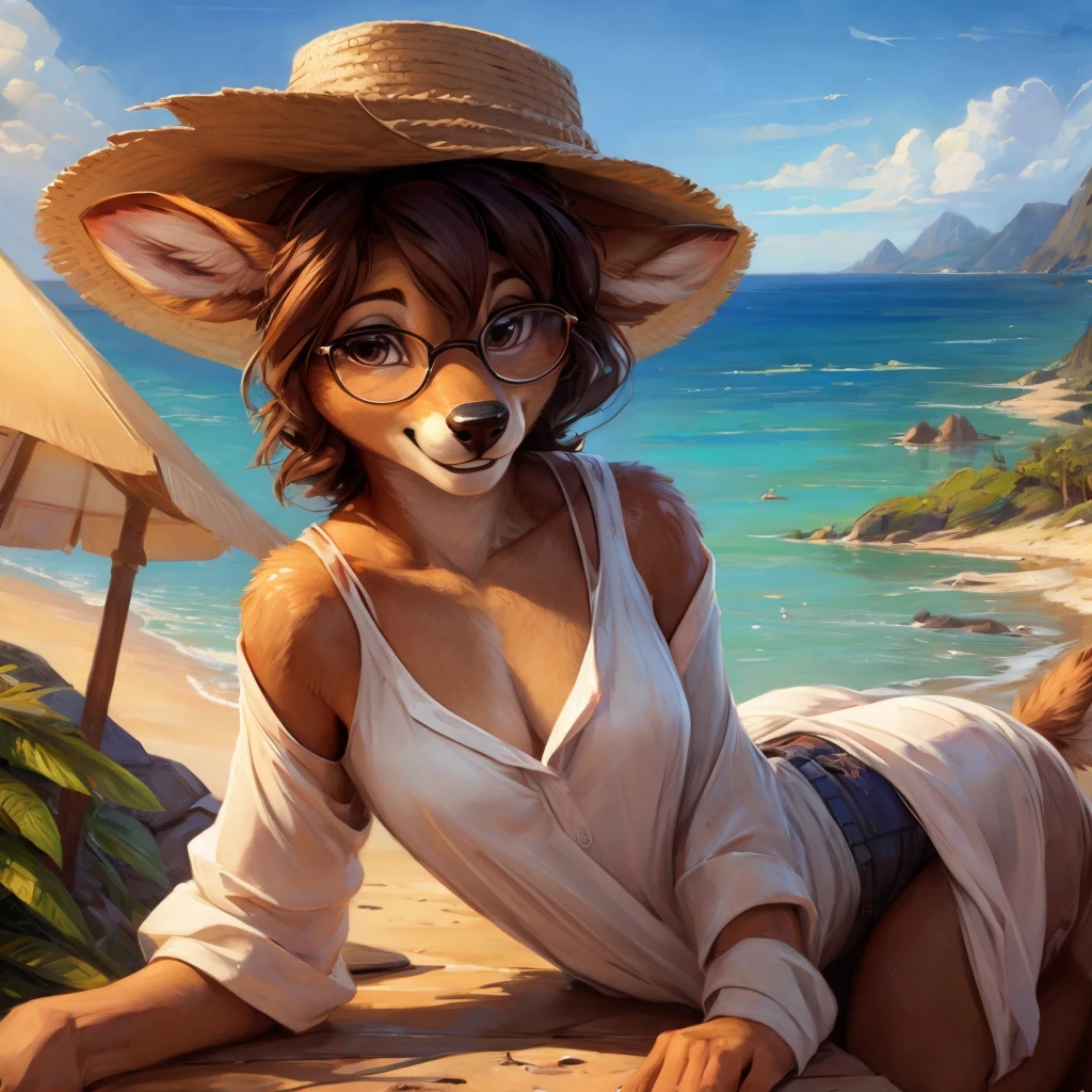 uploaded on e621, by Pixelsketcher, by Bayard Wu, by Thomas Benjamin Kennington , by Einshelm, by hioshiru and kenket, Chunie, portrait, solo anthro female deer doe, with small featureless breasts, clear dark blue, cinematic lighting, day, sunny day, beach, stays in the sea, sea background, mediterranean background, horizon background, shiny, short curly dark brown hair, wears big black nerd glasses, very very beautiful furry art, furry art, smiling, joyful, shiny, happy, feminine, cute face, muzzle, fluffy chest, flawless face, Fallow deer, 1girl, Sakimichan is beautiful, Masterpiece, Wavethesallow Face, shiny, Detailed image, portrait, Detailed image, portrait, full body, wearing wide, long, white blouse, wearing big and wide beige summer straw hat, shiny, realistic face, perfect anatomy, hourglass body, (furry body:1.1), anthropomorphic deer, looks at the viewer, small fluffy tail, detailed background, (cute anatomy:1.1), windy, smiling, very happy, happy
