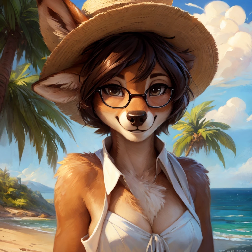 uploaded on e621, artstation, by Pixelsketcher, by Bayard Wu, by Thomas Benjamin Kennington , by Einshelm, by hioshiru and kenket, Chunie, portrait, solo anthro female deer doe, tiny featureless breasts, tiny breasts, clear dark blue, cinematic lighting, day, sunny day, beach, walks on a beach, ocean background, horizon background, palm trees background, palm trees, shiny, short curly dark brown hair, shoulder long hair, wears big black nerd glasses, very very beautiful furry art, furry art, smiling, joyful, shiny, happy, feminine, cute face, muzzle, fluffy chest, flawless face, Fallow deer, 1girl, Sakimichan is beautiful, Masterpiece, Wavethesallow Face, shiny, Detailed image, portrait, Detailed image, portrait, wears pure white bikini, shiny, realistic face, perfect anatomy, hourglass body, (furry body:1.1), anthropomorphic deer, happy, very happy, small ears, huge black nerd glasses, full body, lays on a sun towel, enjoys the sun, a few palm trees in the background, wearing big and wide beige summer straw hat