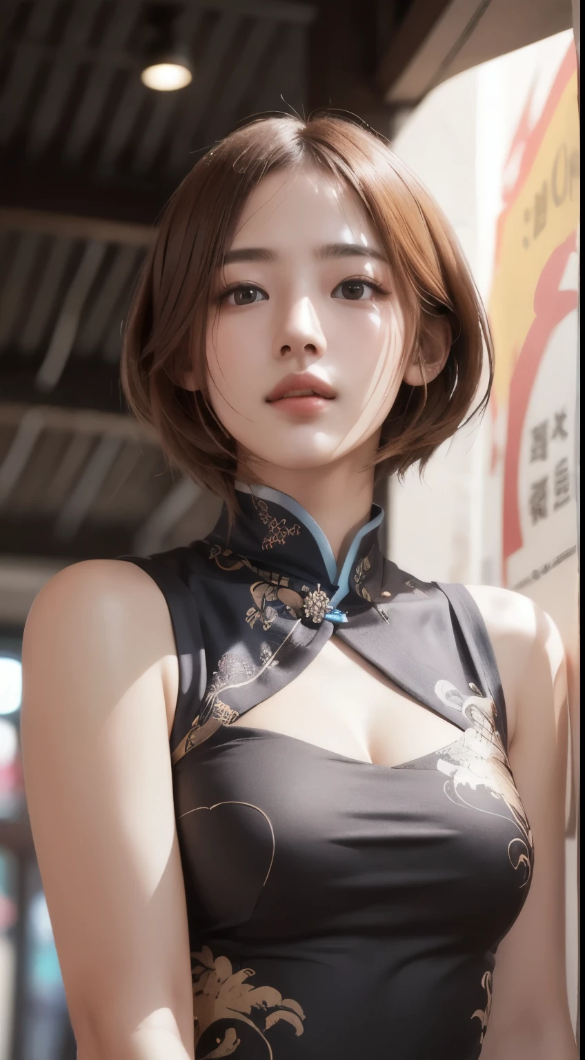 Photorealistic, masutepiece, Best Quality, Raw photo, 1girl in, Solo, Handsome shorthair, copper colored hair、Detailed face, alluring face, china dress, medium breasts, Dynamic Pose, Looking at Viewer, From below, Detailed background, fine detailed, intricate detailes,  Ray tracing, depth of fields, lowkey, nffsw