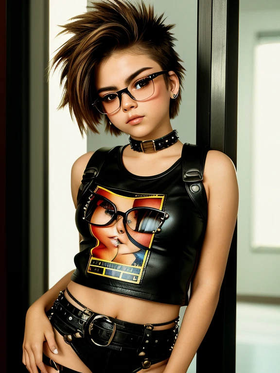 Best quality, Ultra high resolution, (Photorealistic:1.4), (masterpiece, Best quality:1.2),Full-length photo portrait of a young chubby Russian punk girl in glasses, 22 years old with aesthetic small breasts with beautiful erect nipples, corneal reflections, whole body, Detailed human skin texture, beautiful elastic body, aesthetic completeness, Beautiful face, mischievous expression on his face, one-sided grin, spiky tousled hair, very tousled shoulder length brown tousled hair (rebellious late 80s punk hairstyle), Brown eyes, ((glasses with lenses in black frames)), a little crazy look, sparkle in the eyes, ((short stature)), athletic build, leather small tight cropped miniskirt with laces along the hips (absolutely no panties because it&#39;s hot, pubic hair), separated thighs, bare crotch visible, leather rocker biker jacket, motorcycle gloves, biker boots-Cossacks, cropped black t-shirt with skull, soft bare belly, beautiful navel, beautiful hands, Graceful fingers, почти незаметная one-sided grin, smoldering cigarette, cigarette smoke,  80s punk rock clothing style, Free standing pose, protrusion of the hips, Nevsky Prospekt St. Petersburg , ( 1980s Rocker Hairstyle)), Realistic photography, texture of photo paper, full length, (beautiful clear detailed face:1.2), Increased image sharpness, sharp image, high quality textures, high detail, realistic textures 