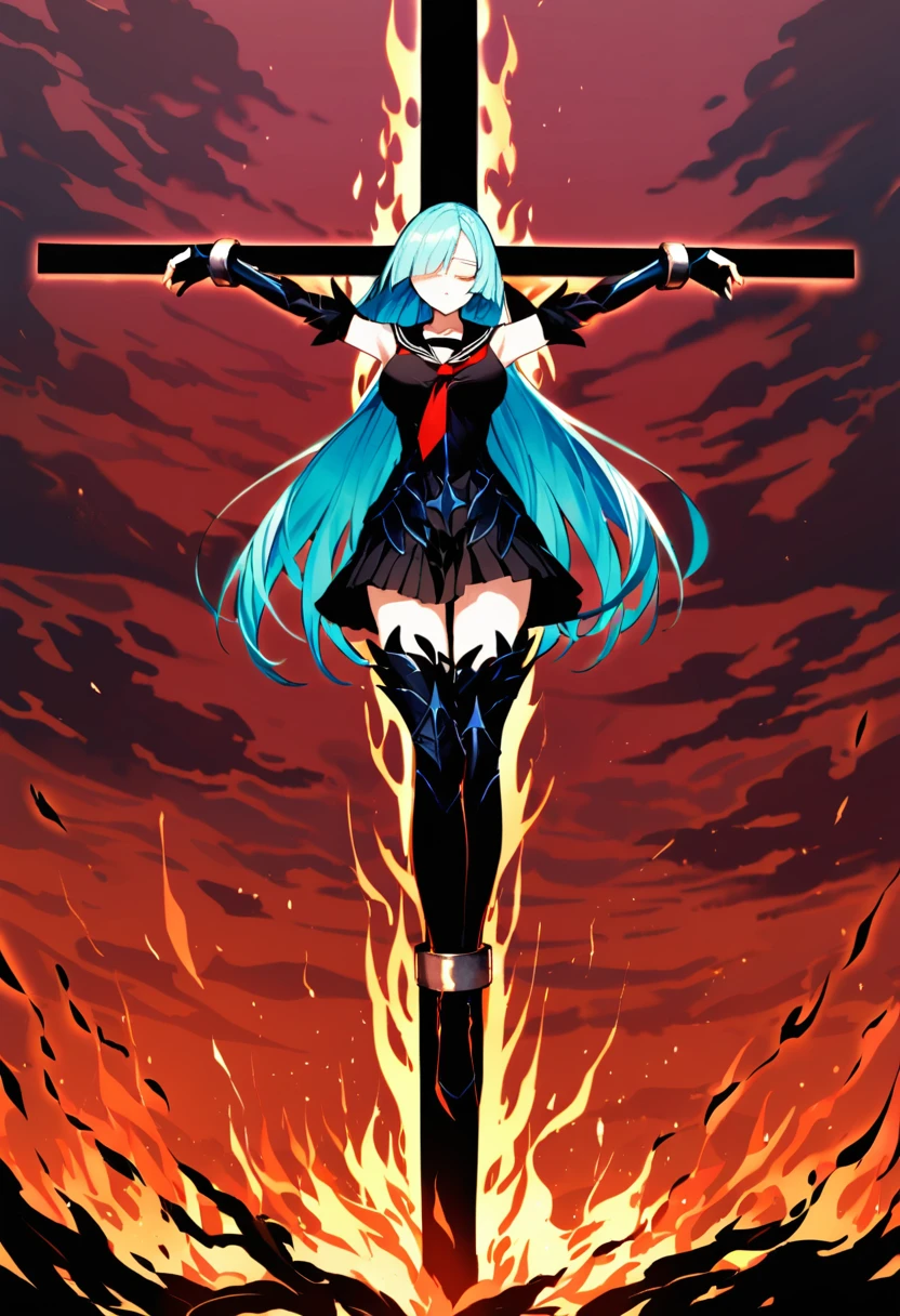 masterpiece, absurdres, best quality, very authentic, perspective, 1girl, solo, from below, full body, brynhildr \(fate\), very long hair, aqua hair, blue colored inner hair, (elbow gauntlets:1.2), armored thigh boots, sailor collar, necktie, armored minidress, pleated skirt, sleeveless, regular cross haritsuke, glass cross, suspension, (arms up, \o/:1.2), leaning forward, legs together, crossed legs, closed eyes, expressionless, wide shot, sky, red sky, burning, (fire:1.1), fire particles, red and black theme, cloud, dark, wind, floating hair, chain restrained, wrist shackles, ankle shackles, yogisya, wanke, chain, 