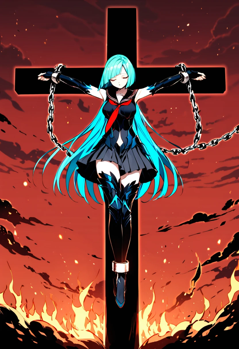 masterpiece, absurdres, best quality, very authentic, perspective, 1girl, solo, from below, full body, brynhildr \(fate\), very long hair, aqua hair, blue colored inner hair, (elbow gauntlets:1.2), armored thigh boots, sailor collar, necktie, armored minidress, pleated skirt, sleeveless, regular cross haritsuke, glass cross, suspension, (arms up, \o/:1.2), leaning forward, legs together, crossed legs, closed eyes, expressionless, wide shot, sky, red sky, burning, (fire:1.1), fire particles, red and black theme, cloud, dark, wind, floating hair, chain restrained, wrist shackles, ankle shackles, yogisya, wanke, chain, 