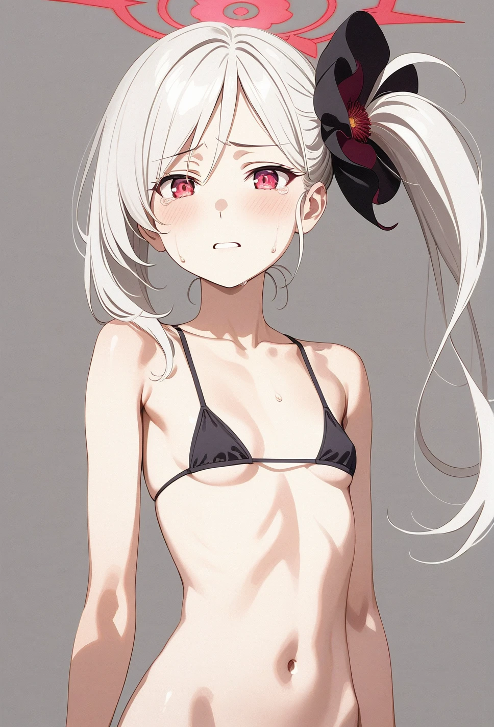 best quality, amazing quality, very aesthetic, absurdres, (1girl, mutsuki, blue archive, solo, red eyes, white hair, side ponytail), (Chiaroscuro:1.5), (realistic face), (cry, sad, lowleg bikini, ), (cowboy shot), (glowing eyes:1.3), (half closed eyes:0.9), (thigh), expressive eyes, perfect face, 4k, extremely detailed anime illustration, extremely detailed eyes, enhanced details, perfect anatomy, light rays, extremely delicate body, smooth skin, (gray background:1.5), beautiful face, small breasts