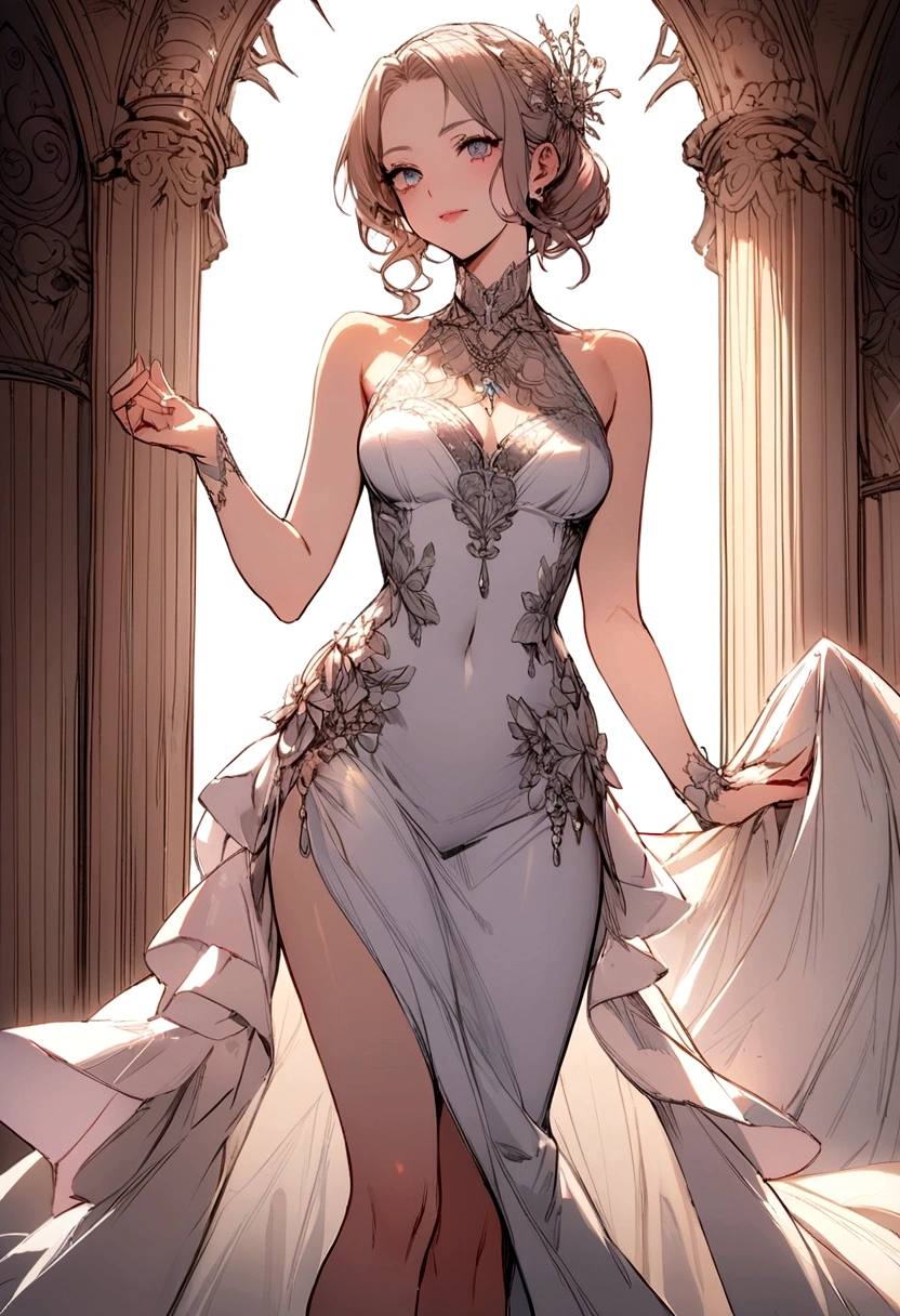 A beautiful woman, blonde, curly hair, deeply sexy, stunning, provocative, with medium and round breasts, topless, thin waist, long legs, slender and defined body, seductive, penetrating, seductive look, chin slightly raised, descends a luxurious staircase of a mansion. Candles in candelabras, lights and shadows, detailed and cinematic light. Work of art, UHD, ultra detailed, enchanting, sensuality.