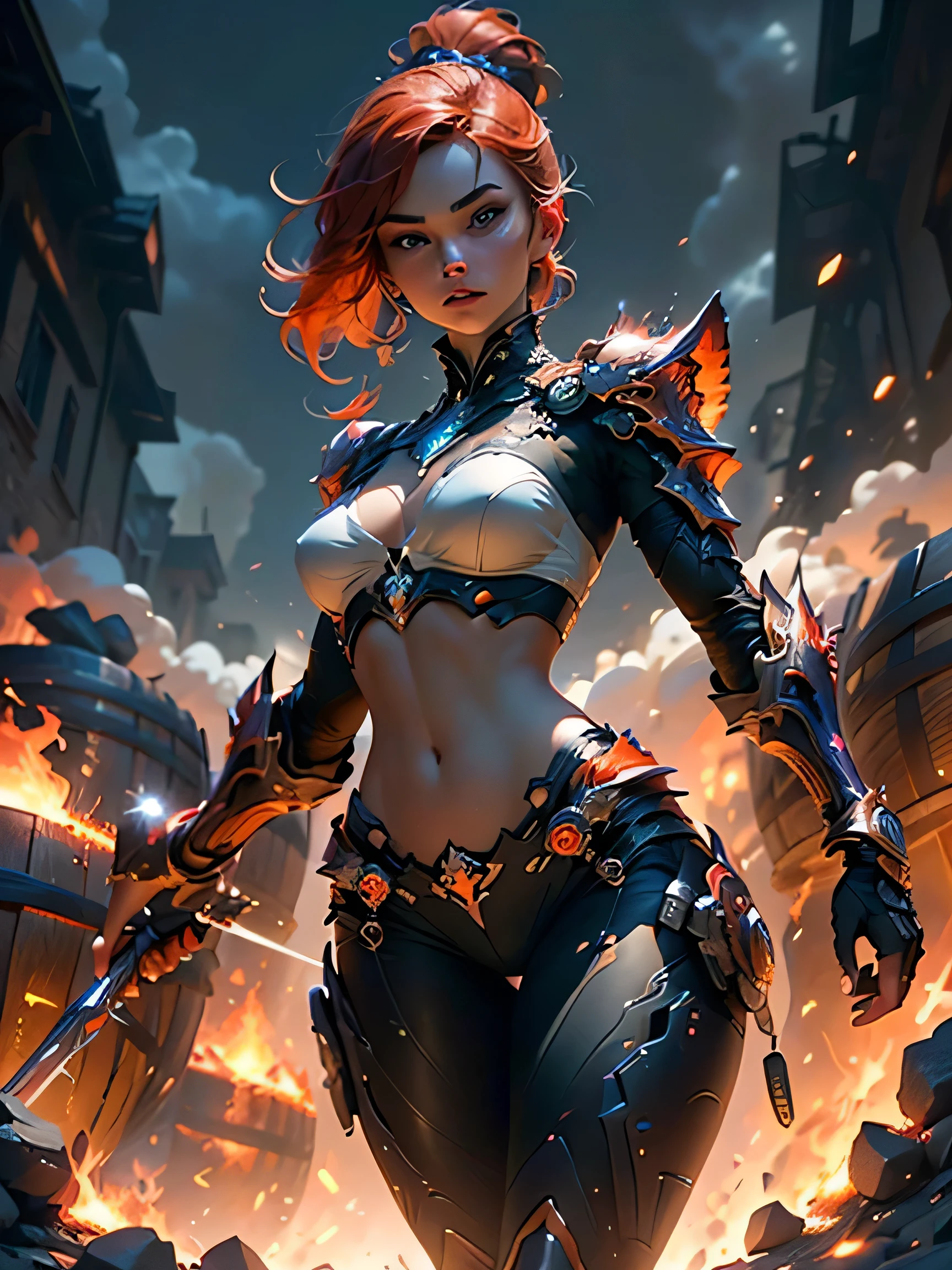  1girl, solo, masterpiece, best quality, 8k, detailed skin texture, detailed polished metal textures, light reflections off of metal surfaces, highly-detailed eyes, extremely detailed face, intricately detailed auburn hair, ultra-detailed mecha exoskeleton, beautifully detailed body, insanely detailed background, bold colors, A stunningly beautiful, extremely fit girl, with a long braided ponytail, wearing full body mechanized body armor is firing two hand cannons. (((Streaks of bright red and orange are coming out of the barrels of both weapons))):1.5 (((along with fire and smoke from the bullets exiting the guns at high velocity))). (She has large bright blue eyes):1.4, (a button nose, perfectly shaped lips):1.2, and (immaculate, flawless, brilliant-white teeth):1.15, ((gritted in determination as she battles her enemies)). (She has a lean waist, an extremely toned midriff, slender thighs, slim calves, and flawless large breasts):1.42, (there are laser bolts and explosions all around her):1.4, and the scene is very (chaotic:1.3), (((detailed line work and delicate, flowing brushstrokes))), giving the art a dreamlike and ethereal quality, the art style is heavily influenced by (traditional Japanese art and calligraphy, as well as Art Nouveau and Surrealism, with intricate patterns, decorative details):1.2, (motifs from nature such as predators, lightning, and fire):1.3. (featuring vivid shades of red, blue, green, and purple, also using silver and gold metallic accents):1.4 (cinematic movie still, masterpiece, best quality, absurd resolution, 8k, Monte Carlo Ray Tracing:1.2, path traced subsurface scattering):1.4, (((HDR, UHD, volumetric lighting, Unreal Engine 5, Unity Engine, Blender, octane render))), (exquisite subject composition and use of lighting:1.4, exceptional, award-winning shading:1.4, sharp focus:1.35, top angle
