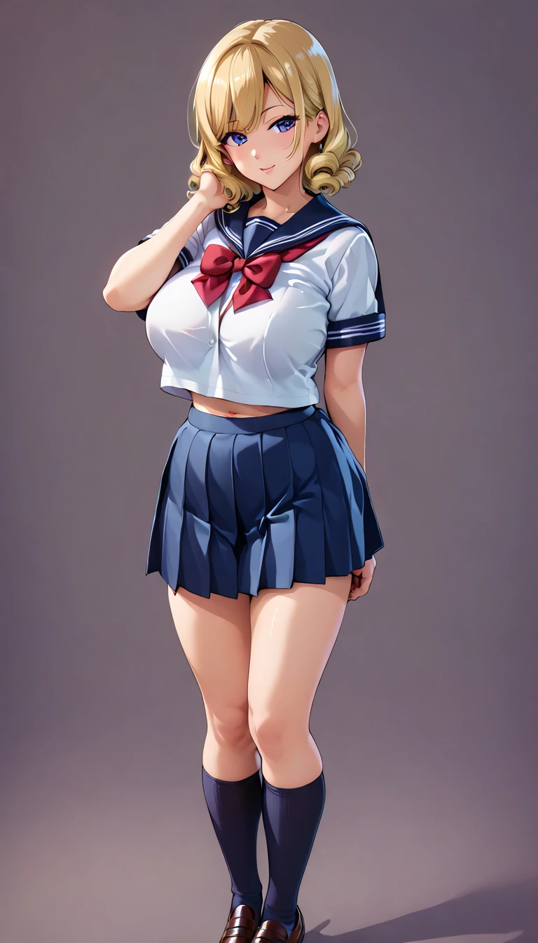 masterpiece, best quality, cinematic, photorealistic, ultra-detailed), (1girl, female Japanese student), (wide shot, from the front:1.4), (wearing a Traditional seifuku with a navy blue skirt and white blouse:1.5), (natural black hair, high ponytail tied with a simple ribbon:1.2), perfect hands, perfect face, (tall height, wide hips, long round legs, sexy legs, round ass), (massive natural soft tits), (hazel eyes, soft and shimmery eyeshadows, detailed pupils, defined eyelashes), (blushing, slightly parted lips, nude pink lips:1.2), (gradient background:1.3)