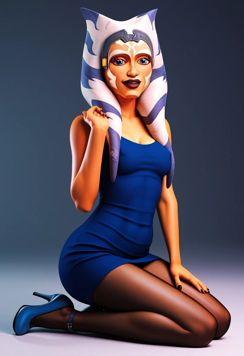 Ahsoka con black pantyhose, from ahead, with thin and not high blue heels, blue top, black pantyhose, looking smiling at the viewer, sexy model body, culo en pantimedias negras