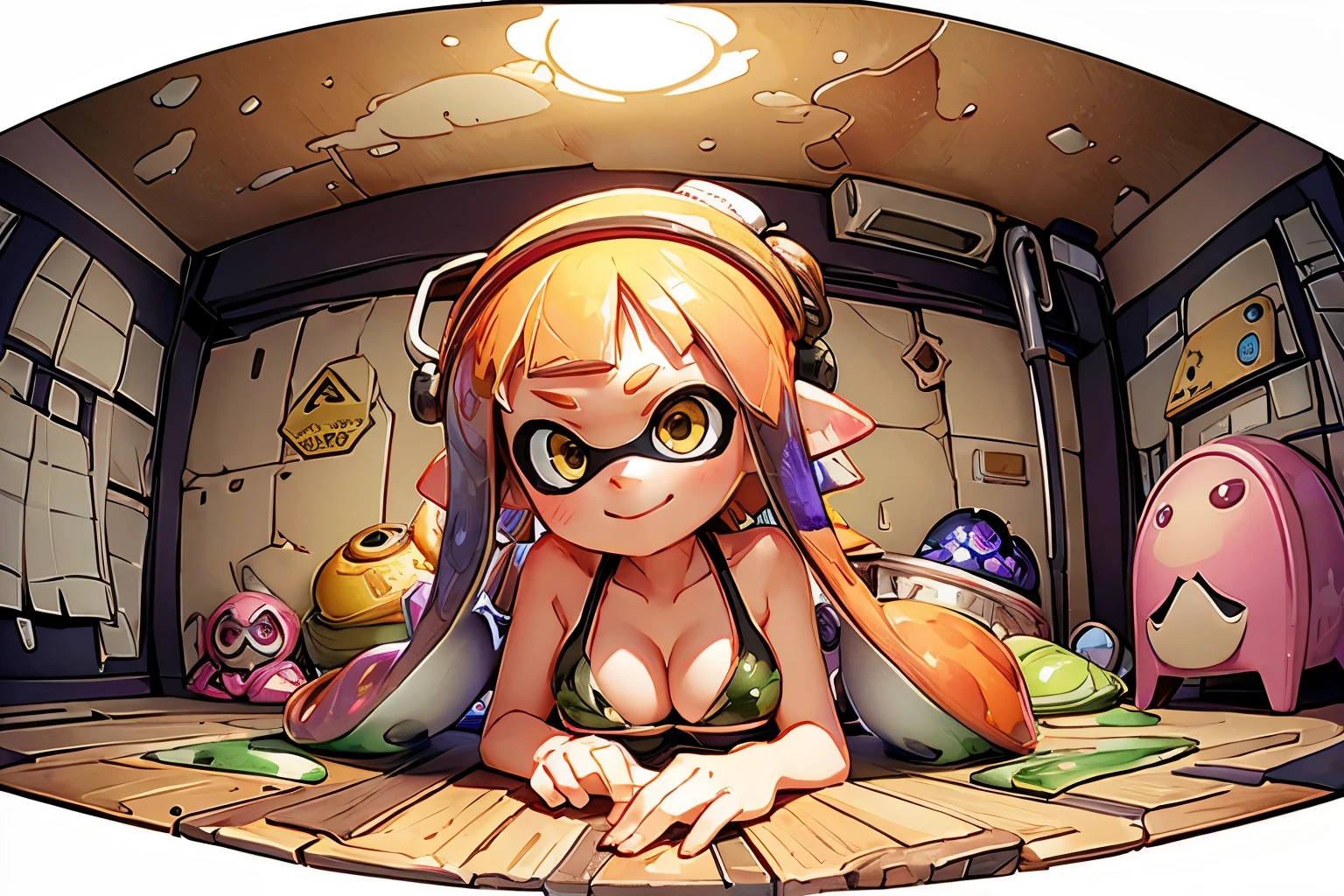 (splatoon girl:1.2)、Focus on the girl、Inside the cave、Beautiful caves、Glowing wall and ceiling minerals、Great light、Wall Color々The place is shining、Looking up at the ceiling、Golden Eyes、Camouflage-colored tentacle hair、((Camouflage Bikini、Big Breasts、Cleavage))、(smile)、Have a weapon、、、tent、Detailed facial depiction、((Fisheye Lens))、Wide-angle、Draw the interior of a large cave、The girl is drawn small.、masterpiece、Highest quality、High resolution、Very detailed、One-frame manga situation art、