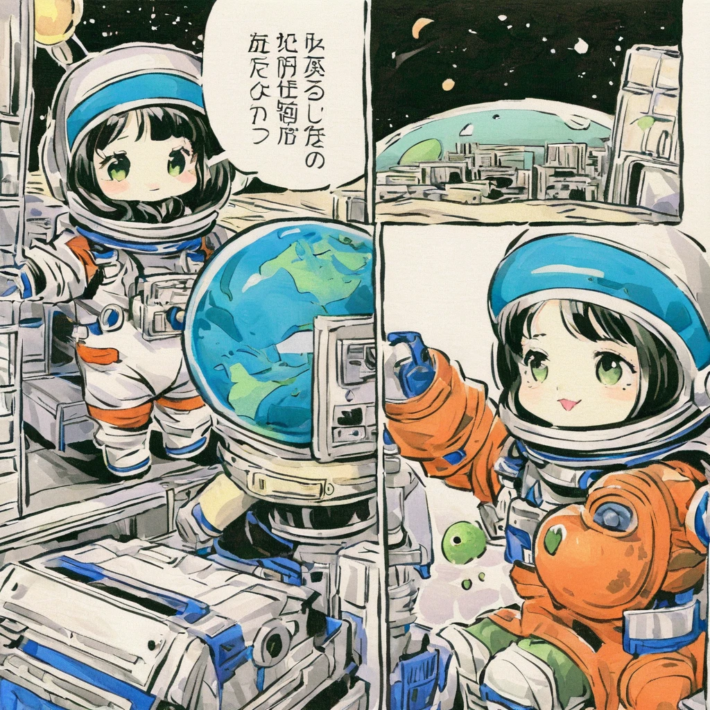 Astronauts meet aliens、Bad and cute art、vintage comic book