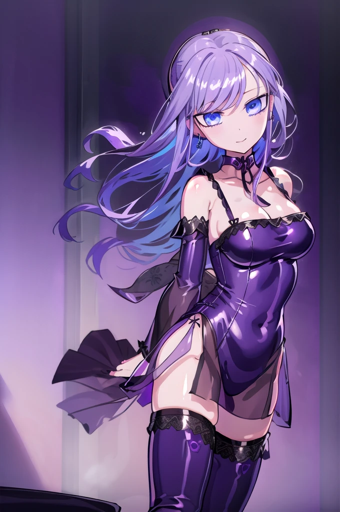 1girl,solo,(cowboy shot:1.2),(standard height:1.2),standing,(purple hair:1.6),(long hair:1.2),(blue eyes:1.4),(beautiful fingers:1.4),(perfect anatomy:1.6),(arms_behind_back:1.6),(cold_shoulder:1.2),BREAK,(purple china clothes:1.6),(silk lace glossy lamé:1.4),(latex luster shiny glossy:1.4),(shiny_clothes:1.4),medium breasts,beautiful breasts,masterpiece,best quality,(Ultra high definition eyes:1.2),8k,(Beautiful detailed eyes:1.2),(Fine and beautiful eyes:1.2),(pretty eyes:1.2),finely detail,extremely CG, absurdres,high resolution,illustration,Detailed and beautiful outlines,finely detail,high resolution,(colorful refraction:1.4,Increase saturation:1.2),beautiful lighting,dynamic lighting,closed room,black background,simple background, smile,looking at viewer,purple dress, long sleves, cleaveage,hood up,purple choker, purple nails, cross earrings,alice,(sheer sleeves:1.4),(see-through sleeves:1.4),(wide sleeves:1.2),(purple thigh boots:1.4)