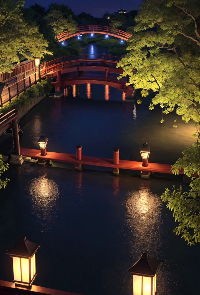 Ukiyo-e，Side view，There are flower boats moored beside the bridge，There are willow trees on the shore，night，moonlight，Ukiyo-e风格，high-definition，Ukiyo-e质感，Walk across the bridge，Top view close up，Crossing the bridge with a lantern，night昏暗