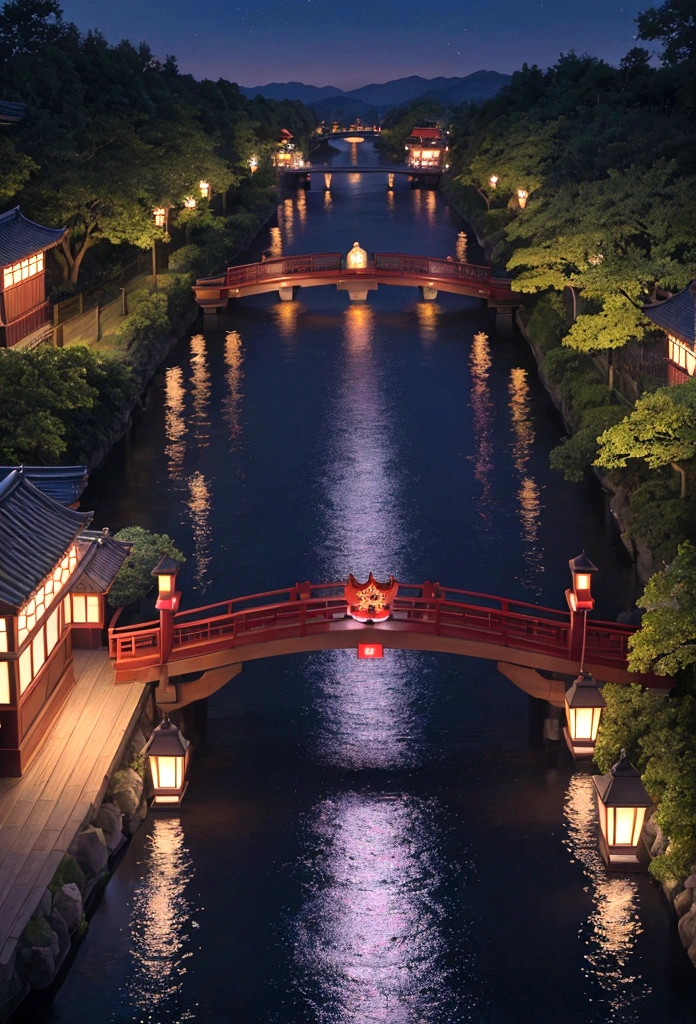 Ukiyo-e，Side view，There are flower boats moored beside the bridge，There are willow trees on the shore，night，moonlight，Ukiyo-e风格，high-definition，Ukiyo-e质感，Walk across the bridge，Top view close up，Crossing the bridge with a lantern，night昏暗