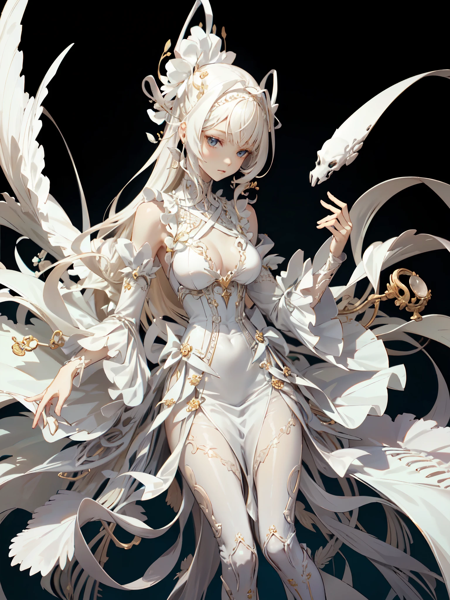 (((((カメラを見る)))))、bones carving skin, bones, pale skin, bone hair ornament, monster girl, skeleton,, ultra detailed, masterpiece, best quality,, solo, soft smile, light smile,
1girl, blue eyes, very long hair, blonde hair, long blonde hair, french braid, bangs, medium breasts,, hair ribbon, frilled choker, criss-cross halter, sleeveless dress, high-waist skirt, backless dress, waist bow, detached sleeves, frilled sleeves, wide sleeves, pantyhose, patterned legwear, mary janes,